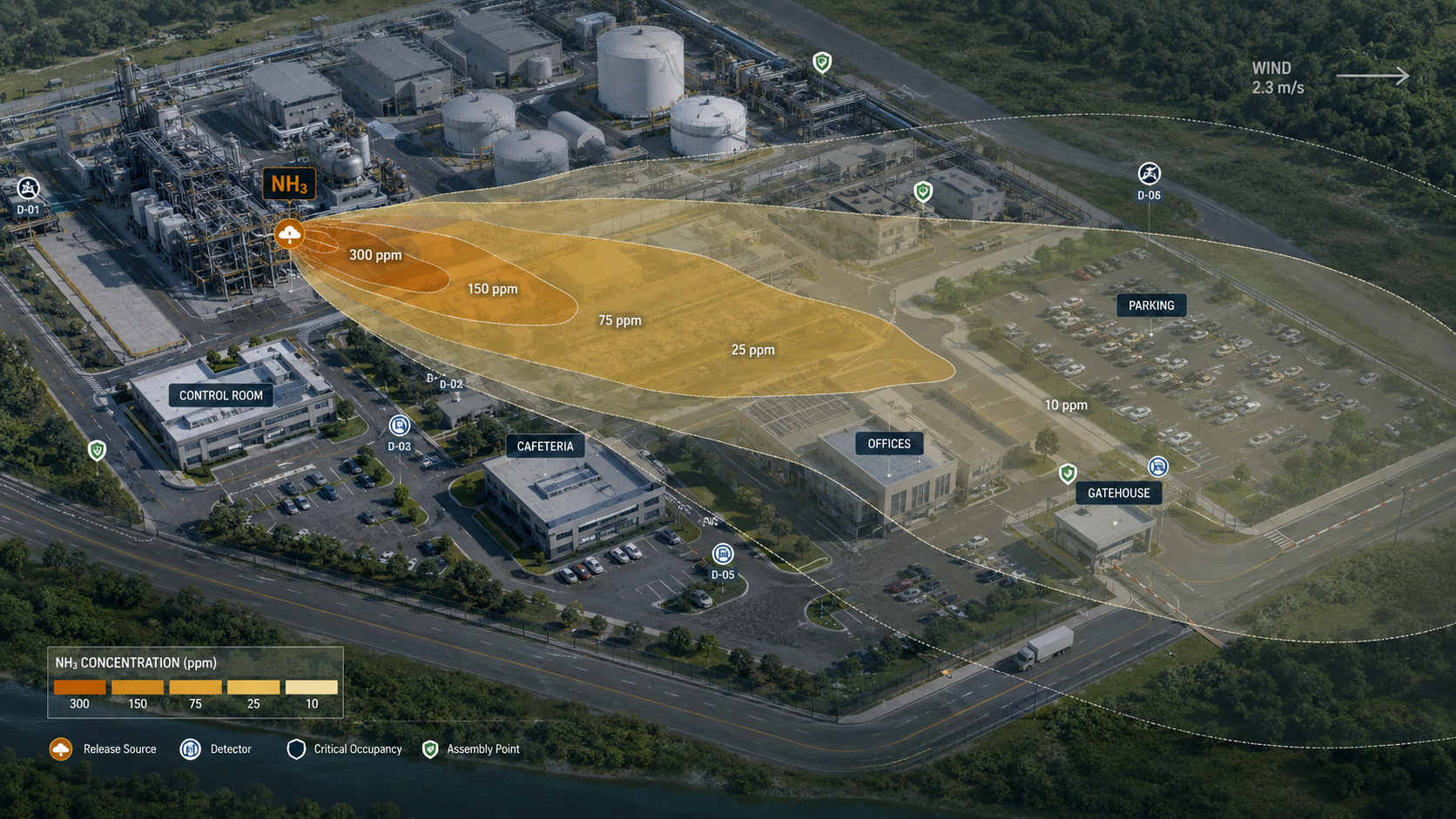 Mapa de dispersão tóxica de amônia sobre vista aérea de planta industrial com curvas de isoconcentração