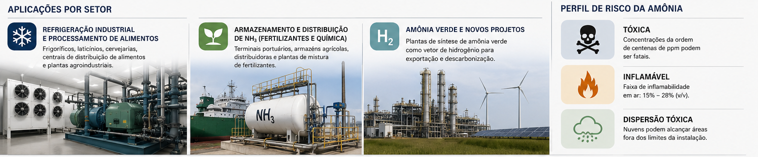 Infográfico das três aplicações da amônia por setor e o perfil de risco da NH₃