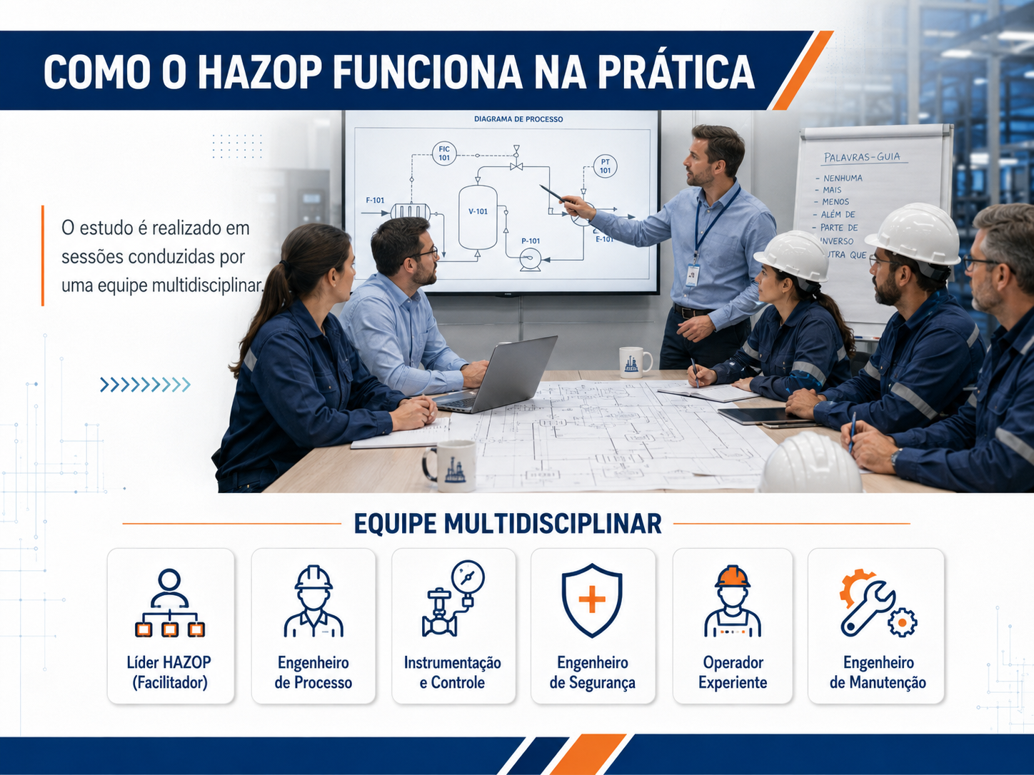 Infográfico PSM Expert: o estudo HAZOP é realizado em sessões conduzidas por uma equipe multidisciplinar: líder HAZOP (facilitador), engenheiro de processo, instrumentação e controle, engenheiro de segurança, operador experiente e engenheiro de manutenção.