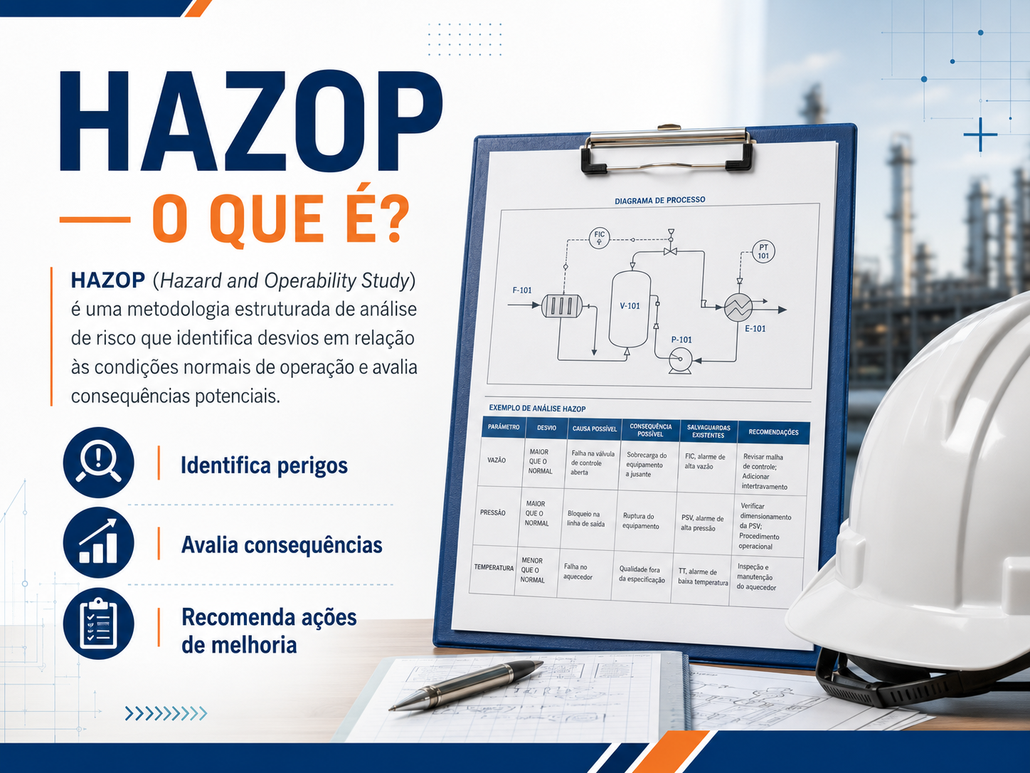 Infográfico PSM Expert: HAZOP (Hazard and Operability Study) é uma metodologia estruturada de análise de risco que identifica perigos, avalia consequências e recomenda ações de melhoria, com exemplo de diagrama de processo e tabela de análise.