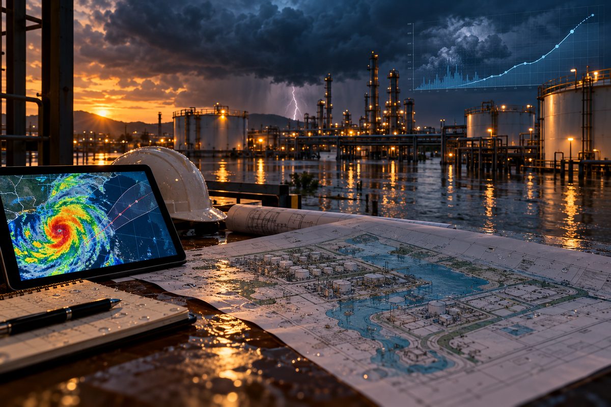 Mesa de engenharia com a planta de uma instalação industrial inundada, tablet mostrando o radar de um furacão e um gráfico de nível de cheia, tendo ao fundo uma refinaria sob tempestade com relâmpago ao anoitecer, ilustrando o risco Natech.